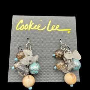 Boho Cluster Drop Earrings Turquoise Amber Silver Tone Glass Bead Coastal Beach